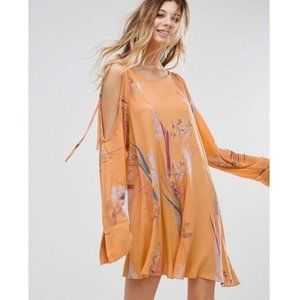 Free People Clear Skies Orange Cold Shoulder Floral Printed Long Sleeve Dress S